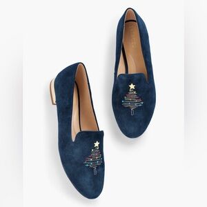 Talbots Size 8 Blue Suede Ryan Embroidered Christmas Tree Holiday Loafers